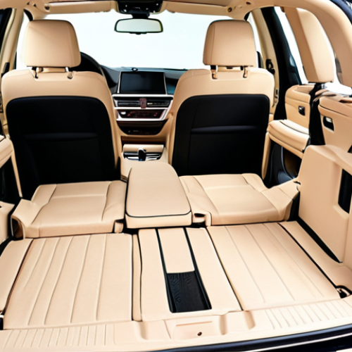 Home 16 An interior shot of a BMW X5, showcasing its intelligent 2nd-row seat folding strategy. The 40:20:40 split-fold seats are configured to accommodate both long items like skis or fishing rods through the middle section, while a child's car seat or stroller remains on one side, highlighting flexible space for family and bulky gear. The setting emphasizes practical luxury and ingenious design.