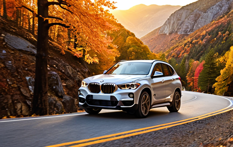 **
Prompt: "BMW X1 driving on a winding mountain road with fall foliage. Focus on the car's sporty handling and agile performance. Golden hour lighting. Suggests a fun, engaging driving experience."
**