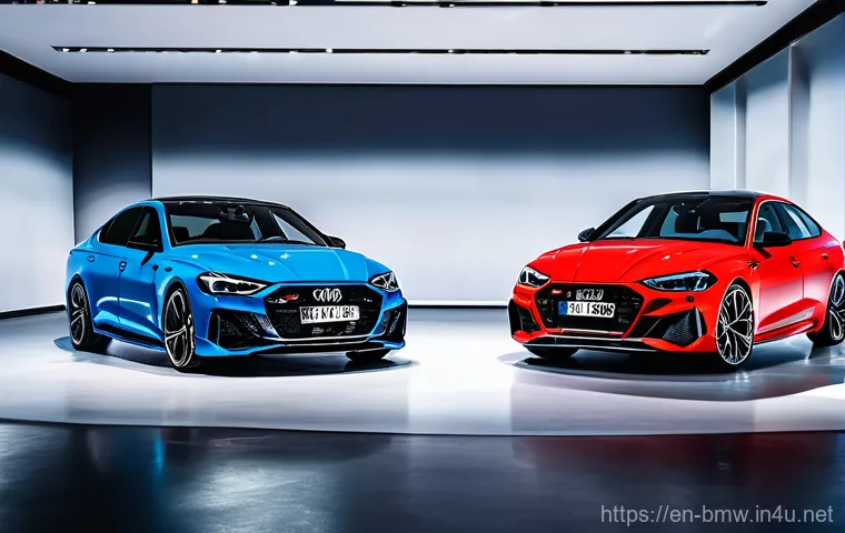 BMW M3와 아우디 RS5 비교 - **Audi RS5 Sportback: Refined Power, Urban Elegance**
    "An elegant, eye-level tracking shot of an...