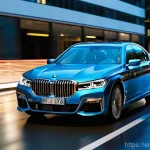 BMW 7시리즈의 최신 안전 기술 - **Prompt:** A sleek, modern BMW 7 Series sedan drives smoothly on a rain-slicked, dimly lit urban ro...