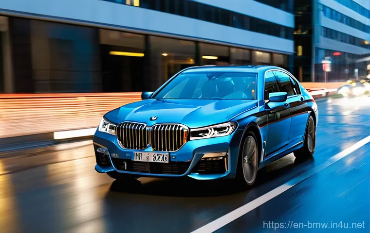 BMW 7시리즈의 최신 안전 기술 - **Prompt:** A sleek, modern BMW 7 Series sedan drives smoothly on a rain-slicked, dimly lit urban ro...