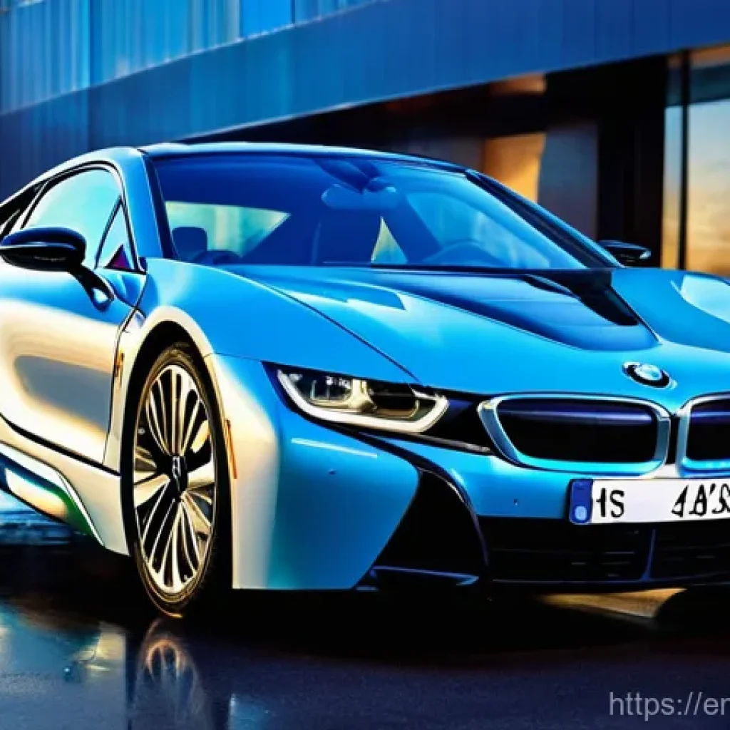 BMW i8 하이브리드 스포츠카 유지비 - **Prompt:** A sleek and futuristic BMW i8, showcasing its iconic butterfly doors slightly ajar, park...