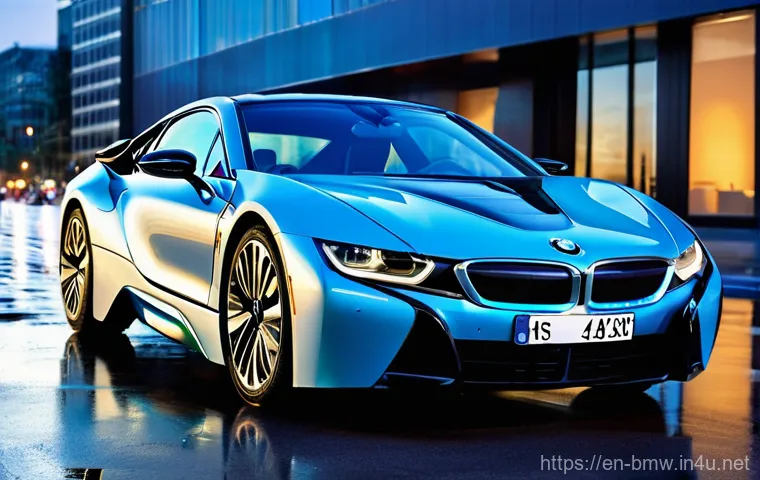 BMW i8 하이브리드 스포츠카 유지비 - **Prompt:** A sleek and futuristic BMW i8, showcasing its iconic butterfly doors slightly ajar, park...