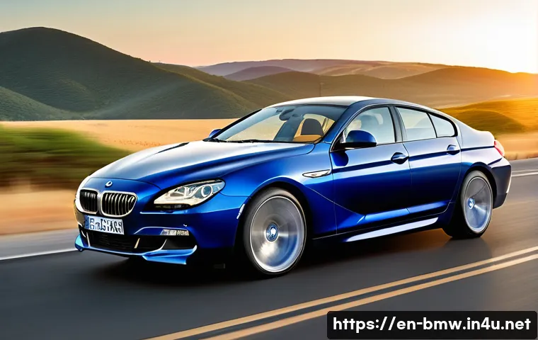 BMW 6시리즈의 패스트백 스타일 - A sleek BMW 6 Series fastback showcased from a dynamic front three-quarter angle on a scenic highway...