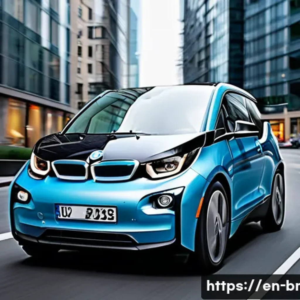 BMW i3의 도시 주행 효율성 - A sleek BMW i3 electric car effortlessly maneuvering through a bustling urban street filled with tig...