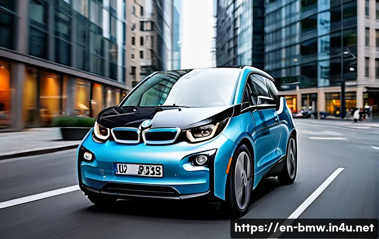 BMW i3의 도시 주행 효율성 - A sleek BMW i3 electric car effortlessly maneuvering through a bustling urban street filled with tig...