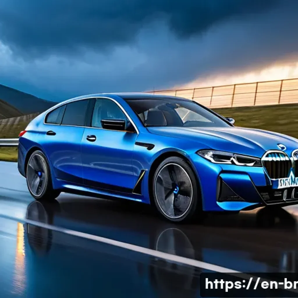 BMW i4 M50의 퍼포먼스 테스트 - A sleek BMW i4 M50 electric car accelerating powerfully on a wet mountain highway at dusk, showcasin...