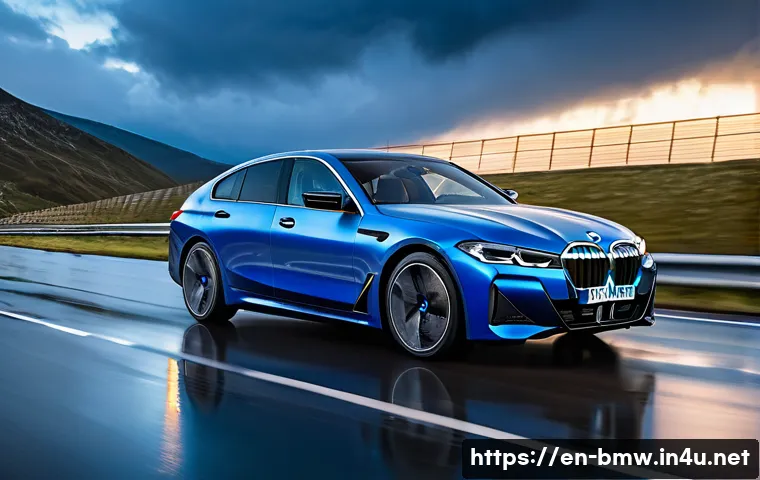 BMW i4 M50의 퍼포먼스 테스트 - A sleek BMW i4 M50 electric car accelerating powerfully on a wet mountain highway at dusk, showcasin...