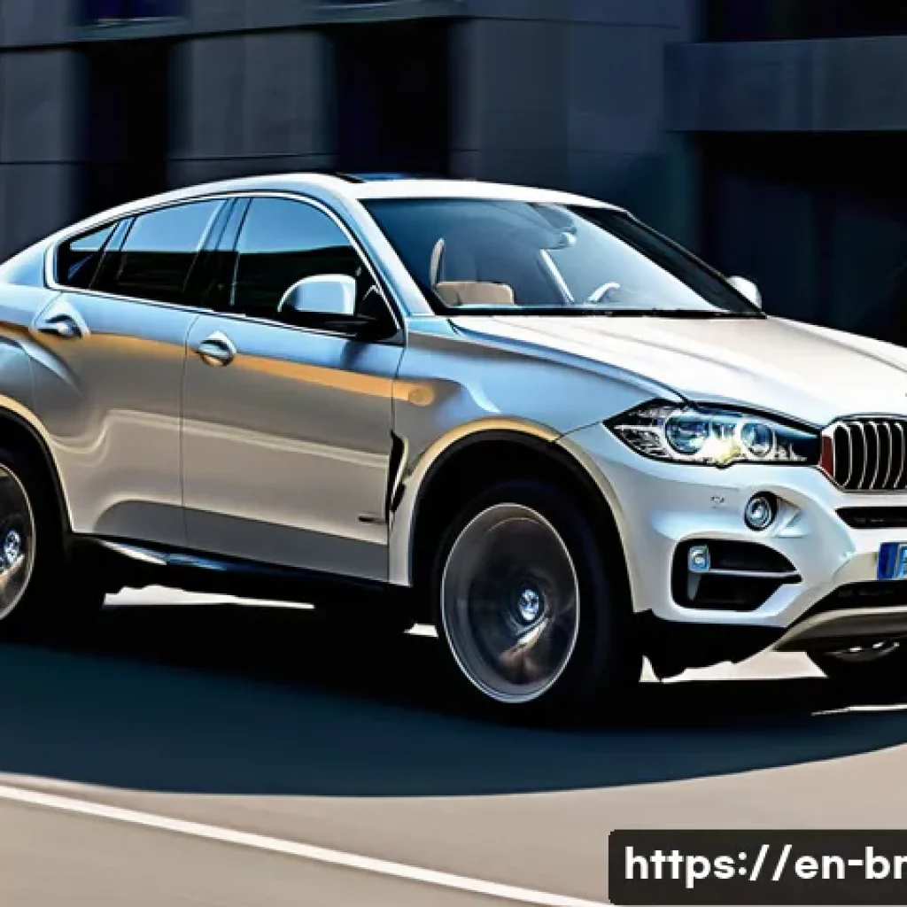 BMW X6 쿠페형 SUV 디자인 분석 - A sleek BMW X6 SUV captured from a low front three-quarter angle during golden hour, showcasing its ...