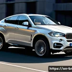 BMW X6 쿠페형 SUV 디자인 분석 - A sleek BMW X6 SUV captured from a low front three-quarter angle during golden hour, showcasing its ...