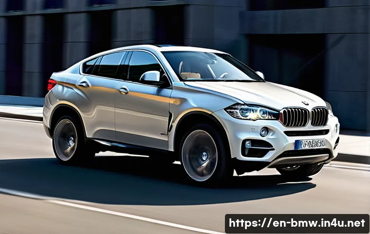 BMW X6 쿠페형 SUV 디자인 분석 - A sleek BMW X6 SUV captured from a low front three-quarter angle during golden hour, showcasing its ...