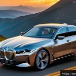 BMW i4와 테슬라 모델 3 비교 - A sleek BMW i4 electric sedan parked on a scenic mountain road at sunset, showcasing its bold muscul...
