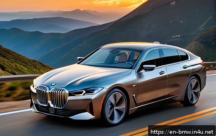 BMW i4와 테슬라 모델 3 비교 - A sleek BMW i4 electric sedan parked on a scenic mountain road at sunset, showcasing its bold muscul...