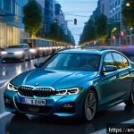 BMW 3시리즈의 최신 안전 기능 - A sleek BMW 3 Series sedan driving through a modern urban environment at dusk, showcasing an array o...