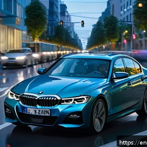BMW 3시리즈의 최신 안전 기능 - A sleek BMW 3 Series sedan driving through a modern urban environment at dusk, showcasing an array o...