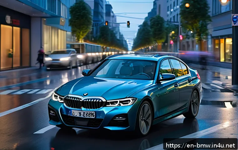 BMW 3시리즈의 최신 안전 기능 - A sleek BMW 3 Series sedan driving through a modern urban environment at dusk, showcasing an array o...