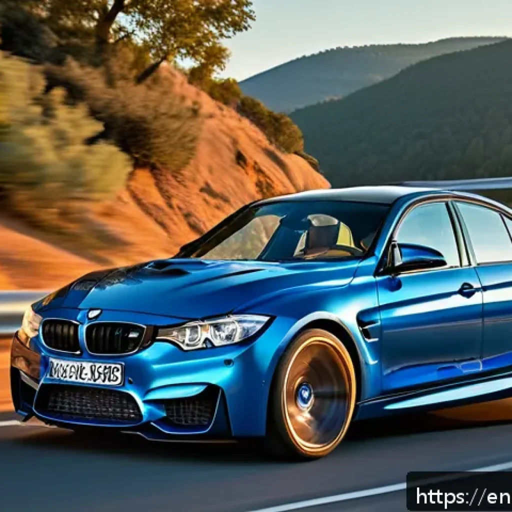BMW M3 고성능 세단 주행 테스트 - A dynamic driving scene showcasing a sleek BMW M3 cornering sharply on a winding mountain road at su...