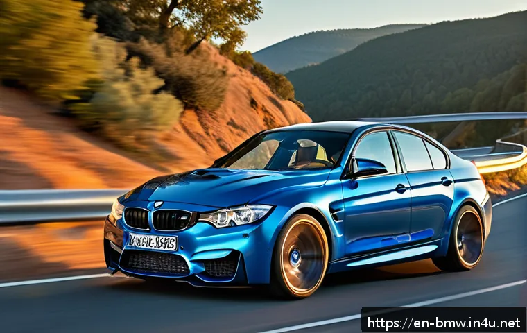 BMW M3 고성능 세단 주행 테스트 - A dynamic driving scene showcasing a sleek BMW M3 cornering sharply on a winding mountain road at su...
