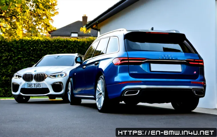 Home 17 BMW 3시리즈 투어링과 메르세데스 C클래스 비교 - Photorealistic premium compact wagon comparison scene, two unbranded European luxury estate cars par...