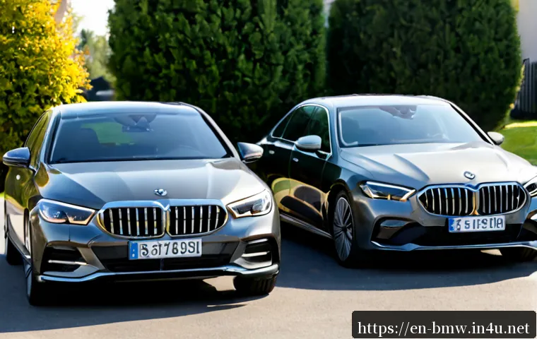 BMW 3시리즈와 5시리즈 비교 - Photorealistic side-by-side comparison of two modern German luxury sport sedans, a compact executive...